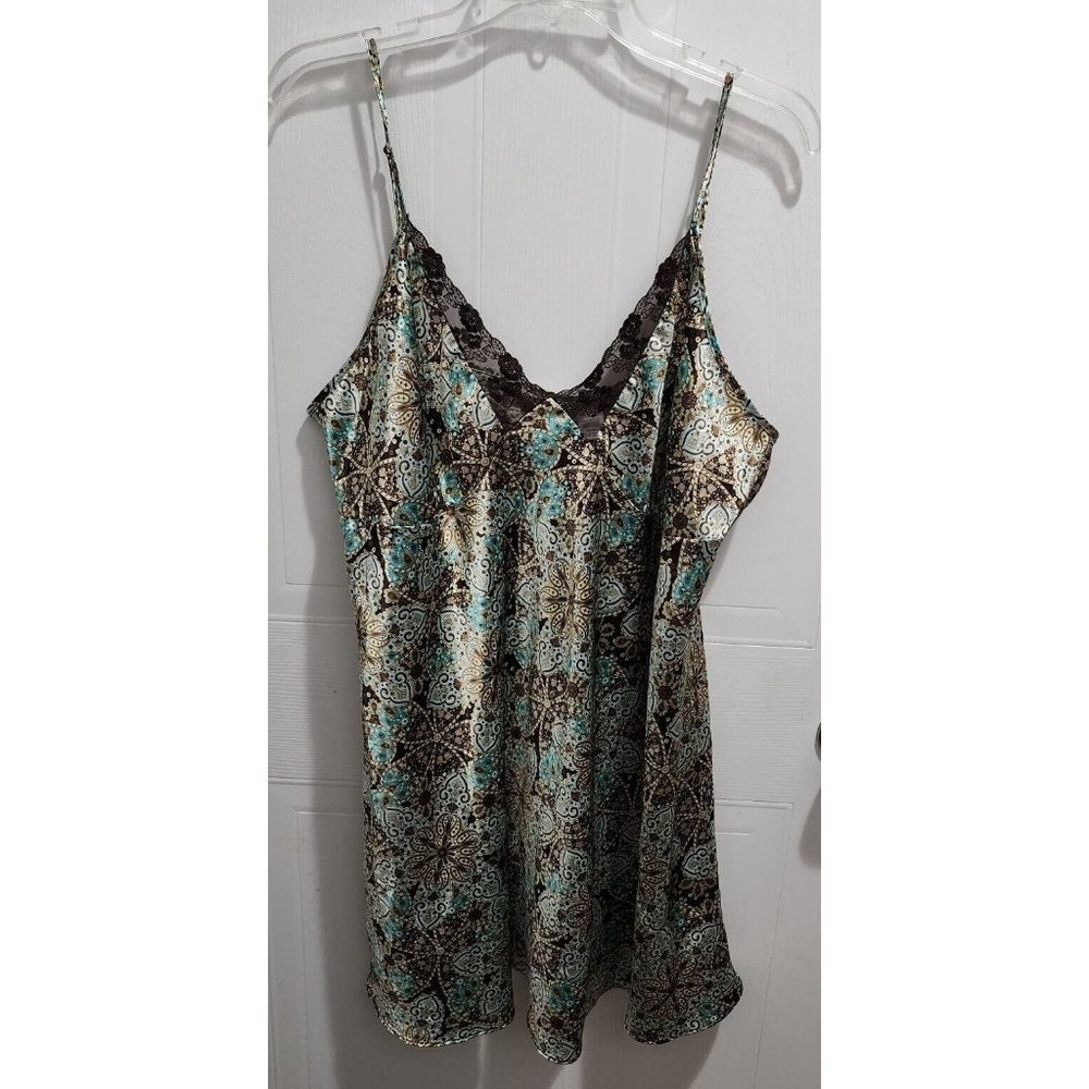 Adonna Woman Sleeveless V Neck Nightgown Dress Blue/Brown Pattern Plus Size 1X